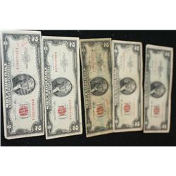 1953-A & 1953-B United States Note $2, Red Seal, Lot of 5