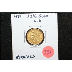1851 Liberty $2 1/2 Gold Coin, Repaired