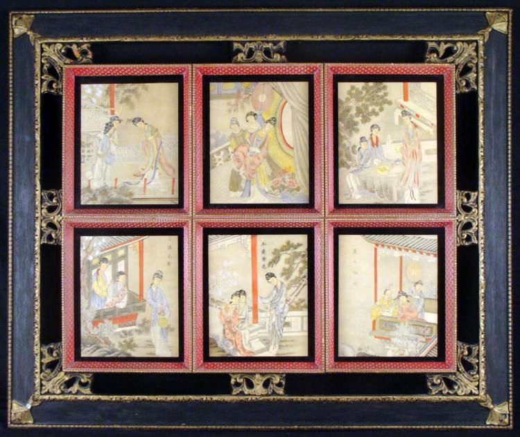 Antique 6 Chinese Paintings in 1 Frame-Women & Poetry