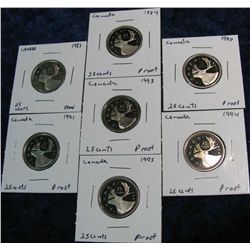 748. 1983, 84, 90, 91, 93, 94 & 95 Canada Proof 25-Cents.