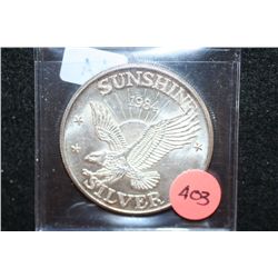 1984 Sunshine Mining Silver Round, .999 Fine Silver 1 Oz.