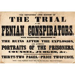 circa 1867: Young Englishman's Journal poster "Trial of the Fenian conspirators..."