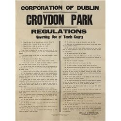 Tennis: circa 1900 Croydon Park Dublin tennis courts rules poster
