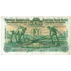 Currency Commission Consolidated Banknote 'Ploughman' Provincial Bank of Ireland One Pound, 7-1-38