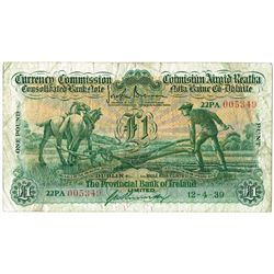 Currency Commission Consolidated Banknote 'Ploughman' Provincial Bank of Ireland One Pound, 12-4-39