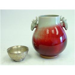 Chinese fine copper red vase & silver colored bowl