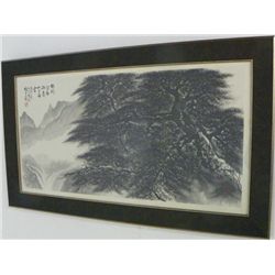Framed black & white Chinese watercolor