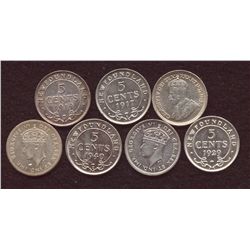 Lot of Seven Newfoundland Five Cent