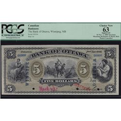 1880 Bank of Ottawa Specimen $5