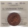 Image 1 : 1891 One Cent - ICCS MS-64 LL LD, Obverse 3, Red.
