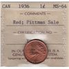 Image 1 : 1936 One Cent - ICCS MS-64, Red, Pittman Sale.