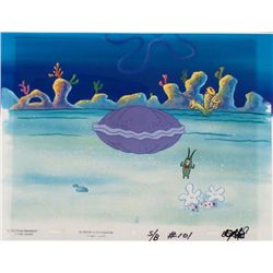 Orig SpongeBob Animation Cel, Backgrnd Plankton vs Clam