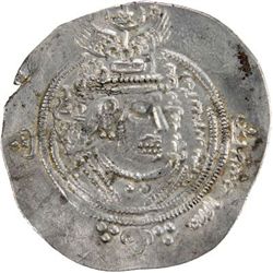 ARAB-SASANIAN: 'Abd Allah b. al-Zubayr, 680-692, AR drachm (3.99g), DA+GH (Jahrum), YE60