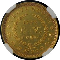 TRAVANCORE: Rama Varma IV, 1860-1880, AV 2 pagodas, 1877
