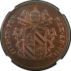 PAPAL/ROMAN STATES: Pius IX, 1846-1878, AE 2 baiocchi, Rome, 1853 year VII