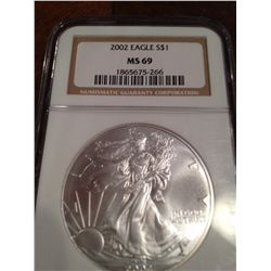 2005 PURE SILVER AMERICAN EAGLE, NGC MS-69