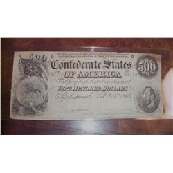 1864 $500 CSA CONFEDERATE CIVIL WAR CURRENCY (taped corner)