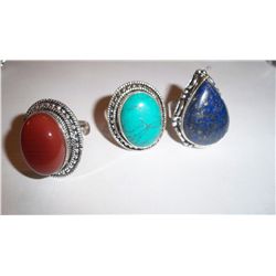 3 CUSTOM MADE STERLING SILVER GEMSTONE LADIES RINGS, 40 GRAMS