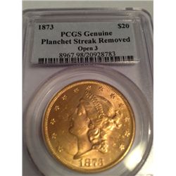 1873 $20 GOLD LIBERTY PCGS BRILLIANT UNCIRCULATED