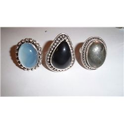 3 CUSTOM MADE STERLING SILVER GEMSTONE LADIES RINGS, 40 GRAMS