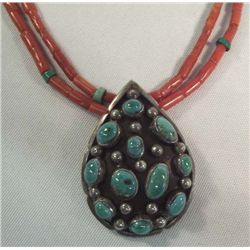 Navajo Sterling Coral Turquoise Pendant Necklace
