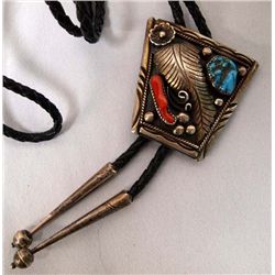 1970s Navajo Sterling Turquoise Coral Bolo