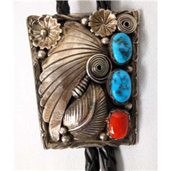 1970s Navajo Sterling Turquoise Coral Bolo