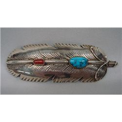 Navajo Sterling Turquoise Coral Feather Barrette