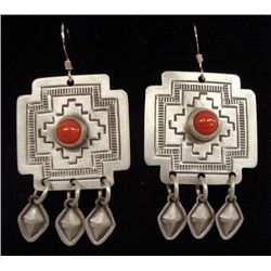 Navajo Silver Coral Cross Earrings - Harrison Joe