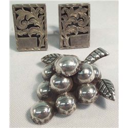 Mexican Silver Cuff Links & Grape Pin