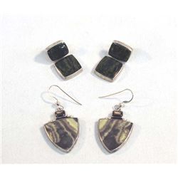 2 Pair Earrings, Sterling Silver & Serpentine