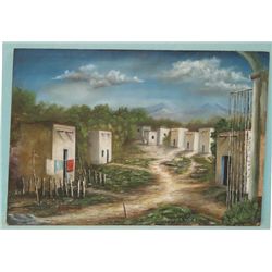 Signed Oil Painting on Board Adobe Village Scene
