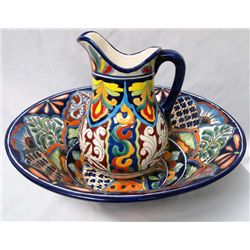 Mexican Talavera Hand Painted Large Pitcher & Bowl