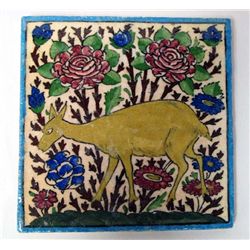 Hand Painted Ceramic Tile With Asian Deer Scene