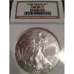 2005 PURE SILVER AMERICAN EAGLE, NGC MS-69