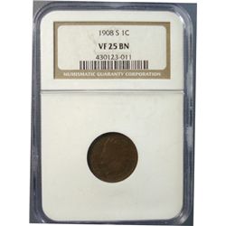 1908-S INDIAN HEAD CENT, NGC VF 25 BN