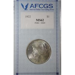 1922 PEACE SILVER DOLLAR, MS 62