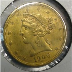 1906-S $5.00 GOLD LIBERTY AU/UNC, ORIGINAL & SCARCE