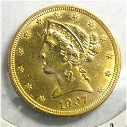 1907-D $5.00 GOLD LIBERTY AU/UNC, CLEANED