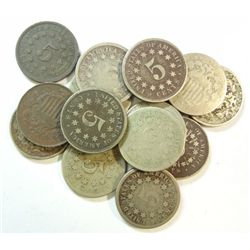 22  Shield nickels  avg circ and YES some dark ones