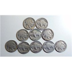 10 1917D Buffalo nickels full date G or better