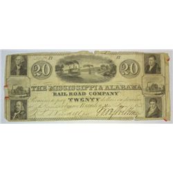 Mississippi & Alabama Railroad Co. $20 Bearer note  VG