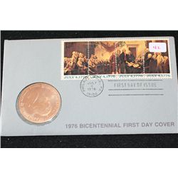 1976 American Revolution Bicentennial First Day Cover Thomas Jefferson Commerative Medallion W/Posta