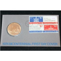1974 American Revolution Bicentennial First Day Cover John Adams Commerative Medal W/Postal Stamps