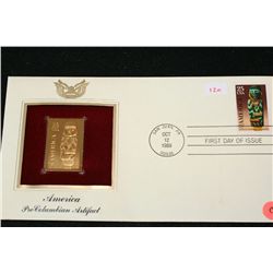 1989 First Day Issue 22K Gold Replica Stamp W/Postal Stamp; America Pre-Columbian Artifact