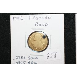 1796 Mexico 1 Escudo Gold Foreign Coin; .8785 Gold .0955 AGW, Holed