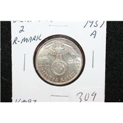 1937A German 2 Reichsmark Foreign Coin W/Flying Eagle Holding Swatstika