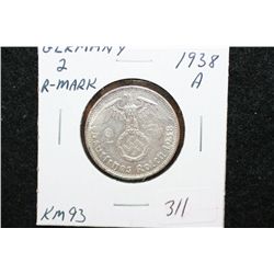 1938A German 2 Reichsmark Foreign Coin W/Flying Eagle Holding Swatstika