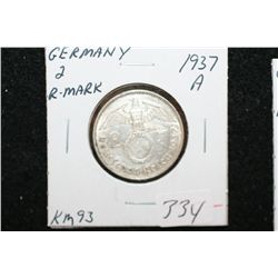 1937A German 2 Reichsmark Foreign Coin W/Flying Eagle Holding Swatstika