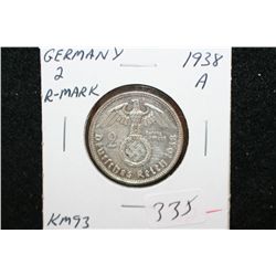 1938A German 2 Reichsmark Foreign Coin W/Flying Eagle Holding Swatstika